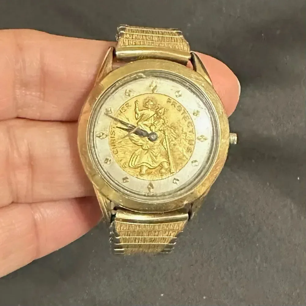 1957 St. Christopher Protect Us Benrus 10kt rolled Gold Watch - Selling As Is
